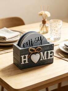 1set/6pcs Random Style Vintage Wooden Coasters (Including Holder) - Multicolor - View 1