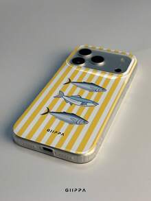 GIIPPA 1pc Yellow Striped & Fish Pattern Design Phone Case, Compatible With Phone 17 Pro Max, 16 Pro Max, 15 Pro Max, 14 Pro Max, Korean-Style High-End Fashion & Fun Phone Case, Suitable For 11/12/13/14/15/40 Pro Max Plus, Elegant Design For Men & Women, Perfect Gift For Girlfriend On Christmas, Valentine's Day, Easter, Wedding Season And Birthday! - Yellow - View 4