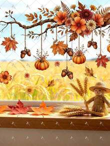 1pc 2D Flat Printed Pumpkin Acorn Flower Autumn Hanging Branch 11.81*17.72 Inch Window Sticker, Creative Self-Adhesive Removable Double-Sided Visible PVC Decorative Sticker - D - View 7