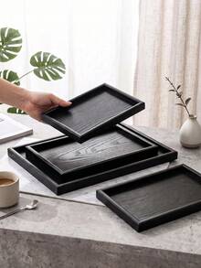 1pc/2pcs Wooden Serving Tray Set, Rectangular Wood Decor Tray For Kitchen Dining Table, Coffee Table, Countertop, Breakfast Tea Snack Platter, Bathroom Vanity Perfume Cosmetic Storage Organizer Tray - Black - View 2
