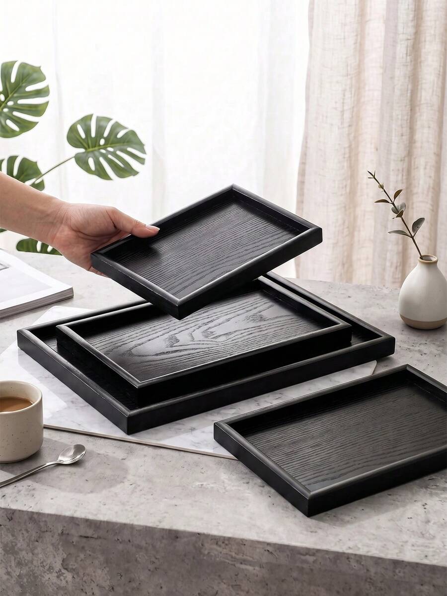 1pc/2pcs Wooden Serving Tray Set, Rectangular Wood Decor Tray For Kitchen Dining Table, Coffee Table, Countertop, Breakfast Tea Snack Platter, Bathroom Vanity Perfume Cosmetic Storage Organizer Tray