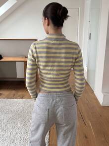 Women's Yellow & Grey Striped Cardigan, Knitted Long Sleeve Stand Collar Cropped Top, Double Zipper Design, Ribbed Details, Suitable For Spring Fall - Yellow Gray - View 6