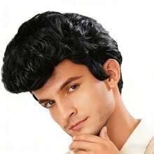 Men's Fashion Black Wavy Disco Wig, 1950s Rock Star Cosplay Synthetic Hair Wig - Black - View 1