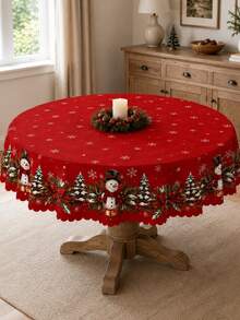 1pc Red Snowman Christmas Tablecloth, Holiday Polyester Rectangular Tablecloth, Printed With Snowflakes, Pine Tree Wreath, Holly Berries And Border Pattern, Suitable For Kitchen Decor, Home Decor, Room Decor, Christmas Home Decor And Classroom Decor - Multicolor - View 15