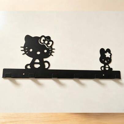 SANRIO 1pc Cartoon Hollow Iron Art Wall-Mounted Hook Long Bar Multi-Hook Metal Wall Rack, Cute Silhouette Design Minimalist Black Metal Storage Hook, Can Be Installed With Holes For Stable Weight Bearing, Entryway Hallway Hanging Keys Bags Hats Scarves, Bedroom Door Hanging Clothes Hair Accessories, Bathroom Hanging Towels, Home Wall Storage Organization Decorative Hook