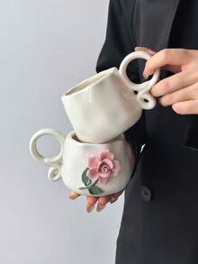 1pc Handmade Ceramic Mug With 3D Embossed Floral Design, Ins Style Creative Artistic Coffee Cup For Afternoon Tea And Coffee Brewing, Dishwasher - Multicolor - View 6