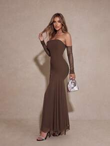 PARTHEA Elegant Brown Strapless Mermaid Maxi Dress, Built‑In Mesh Long Sleeves Bodycon Formal Party Evening Gown - Brown - View 5