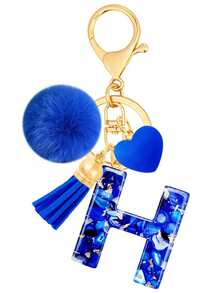 Cute A-Z Initial Keychain With Royal Blue Pom Pom, Heart And Tassel, Minimalist Personalized Key Chain For Women, Bag Charm, Daily Wear Accessory And Gift - Royal Blue - View 28