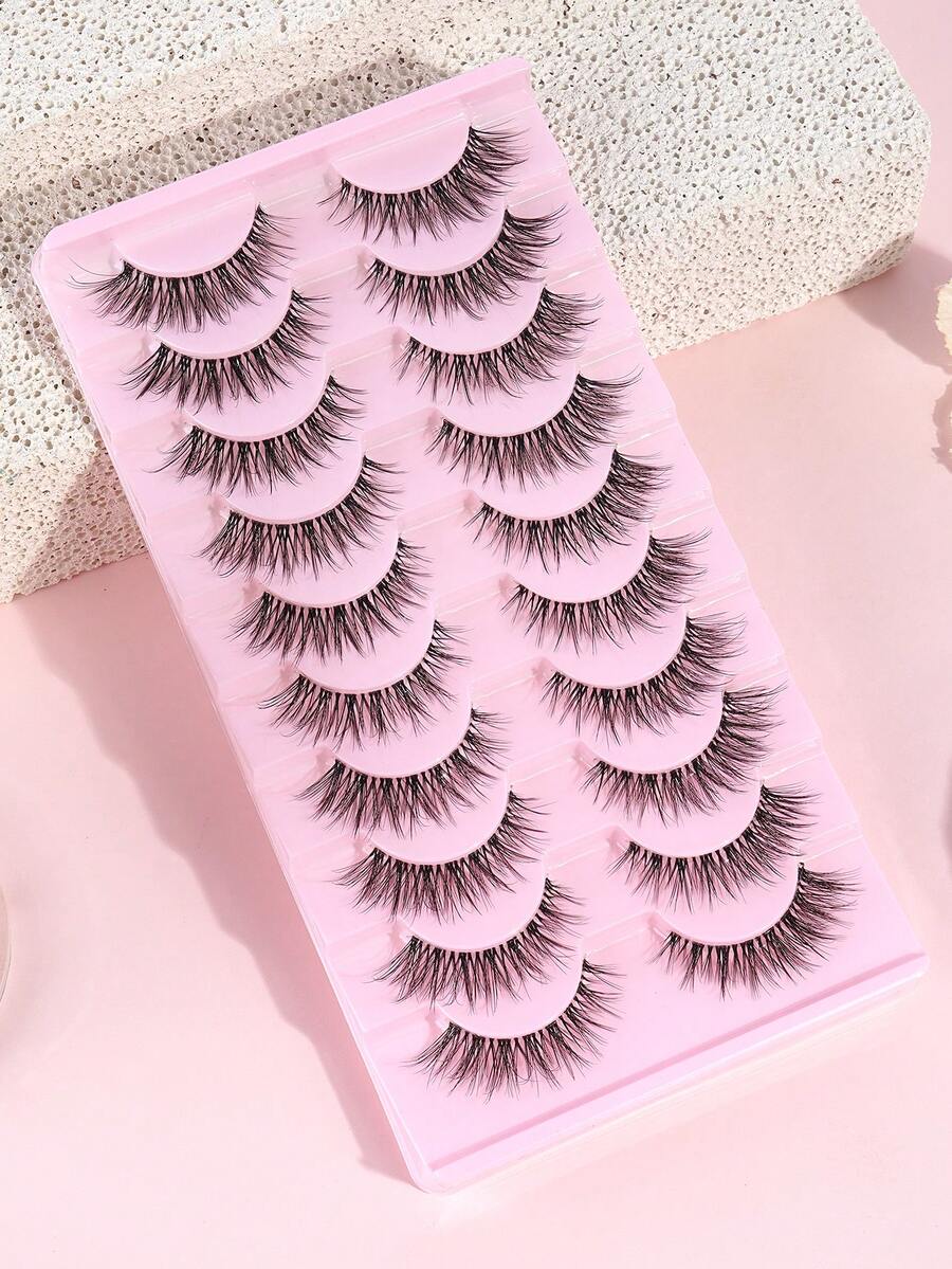 MAANGE 10 Pairs Natural Curly Thin Full Eye False Eyelashes, Natural Eyelashes, Cat Eye Style Extended Tail Eyelashes, Suitable For Daily Wear, Suitable For Parties And Holidays, Strip False Eyelashes