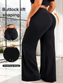 Women's Plus Size Wide Leg Pants, Versatile Wide Leg Pants, High Elastic Waist Fabric, Suitable For Sports, Casual, Party And Vacation Occasions - Black - View 3