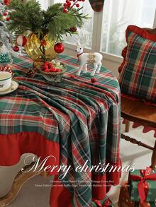 1pc Christmas Green Plaid Tablecloth With Red Ruffle Trim, Holiday Dining Table Cover For Christmas Home Decor - Green - View 7