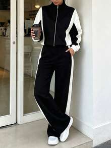 Women's Casual Colorblock 2 Pieces Set With Zipper Collar Top And Wide Leg Pants, Autumn Women's Sweatshirt 2 Pieces Set With Patchwork Colorblock, Casual Fashion Elegant Zipper 2 Pieces Set, Sports Outfit, Autumn/Winter Home Office Streetwear, Fashion Spring/Autumn/Winter Clothing, Graduation Outfit, Back To School Outfit, Graduation Outfit, Women's Teacher Outfit, Back To School Season Outfit, Autumn Clothing, Autumn Clothing - Black and White - View 2