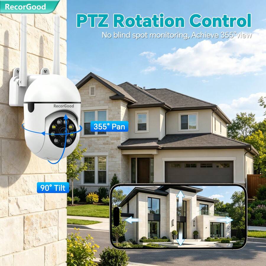 1pc/2pcs 2MP WiFi Security Camera, HD Color Night Vision, PTZ Real-Time Detection, AI Sound & Light Alarm, Two-Way Audio, Multi-User Sharing - White - View 1