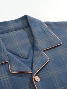 CJGD Men's Plaid Lapel Long Sleeve Pajama Set With Long Pants, Casual Fashionable Loungewear For Home And Outdoor Wear - Navy Blue - View 6