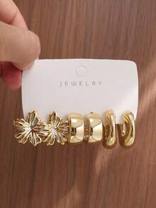 6/18PCS Fashionable Elegant Floral Geometric Textured Metallic Earrings Set Suitable For Party, Banquet, Travel, Wedding, Vacation, Daily Wear Jewelry Gift (Lightweight ABS Material, Non-Fading) - Gold - View 3