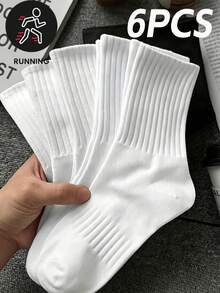 6 Pairs Solid Color Ribbed Mid-Calf Socks, Comfortable And Breathable, Machine Washable And Dry Cleanable, Multiple Colors Available For Women - White - View 4