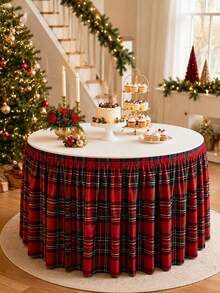 1pc Red Plaid Table Skirt, Festive Polyester Round Elastic Table Cover Skirt With Classic Tartan Print, Gathered Pleated Edge For Dessert Table, Buffet Table, Cake Display, Party Supplies, Christmas Holiday Home Decor - Multicolor - View 4
