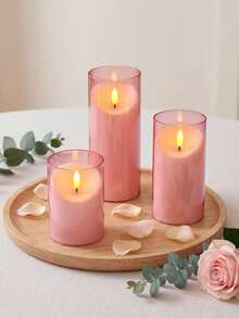 3pcs Flameless Candle Lights Set With Timer Remote Control, Battery Operated Pink Cup Candles, Suitable For Christmas, Halloween, Valentine's Day, Gifts, Presents, Birthday, Wedding, Dining Table, Party - Pink - Warm Light - View 1