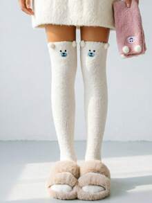 1 Pair Cartoon Pattern Knee-High Socks, Coral Fleece Long Tube Socks, Women's Thickened High-Top Socks - Multicolor - View 1