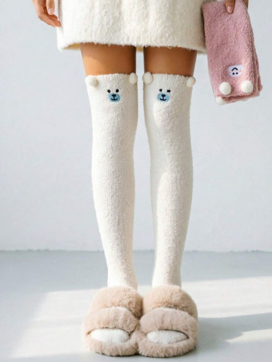 1 Pair Cartoon Pattern Knee-High Socks, Coral Fleece Long Tube Socks, Women's Thickened High-Top Socks - Multicolor - View 1