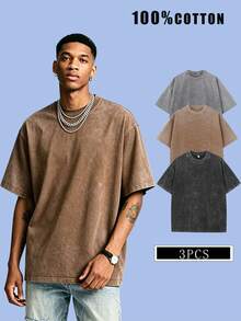 3pcs Men's Heavyweight 230g 100% Cotton T-Shirts Retro Washed Streetwear Loose Fit Round Neck Short Sleeve, Breathable All Season Casual Tees - 黑色+灰色+咖啡色 - 查看 14