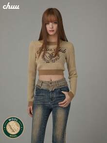 CHUU Letter Jacquard Contrast Color Knit Sweater Women Autumn Slim Fit Long Sleeve Base Layer Short Sweater - Khaki - View 1