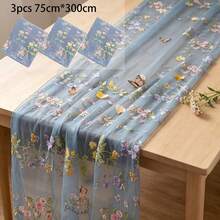 1/3件套刺繡蕾絲四方桌布 派對桌用 花卉花園風輕盈透視桌旗 四季通用 節慶餐桌裝飾 廚房使用 適合婚禮、生日、廚房裝飾 - 藍灰 - 查看 10