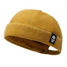1pc Skull Logo Hat, Washed Distressed Brimless Skull Cap, Solid Color, Suitable For Parties And Outings, Unisex, All Season - A - View 7