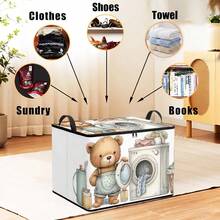 1pc Cute Cartoon Bear Laundry-Themed Fabric Storage Box With Zipper And Double Handles, Foldable Wardrobe Organizer Box For Storing Clothes, Bedroom Shelf Storage - Multicolor - View 5