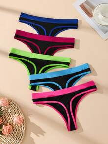 5pcs Color Block Low Waist Seamless Sexy Women's Thong Panties, Elastic Comfortable Ladies Underwear - Multicolor - View 5