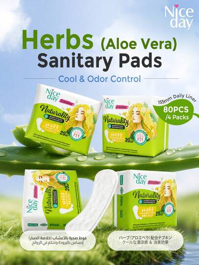 Niceday 80 piezas/4 paquetes Toallas sanitarias de Aloe Vera, Forros de 155 mm con hierbas, Refrescantes y cómodos, Adecuados para uso en verano, Suaves y transpirables, No obstruyen, Toallas higiénicas ultra delgadas para el período, Enfriamiento de la zona íntima