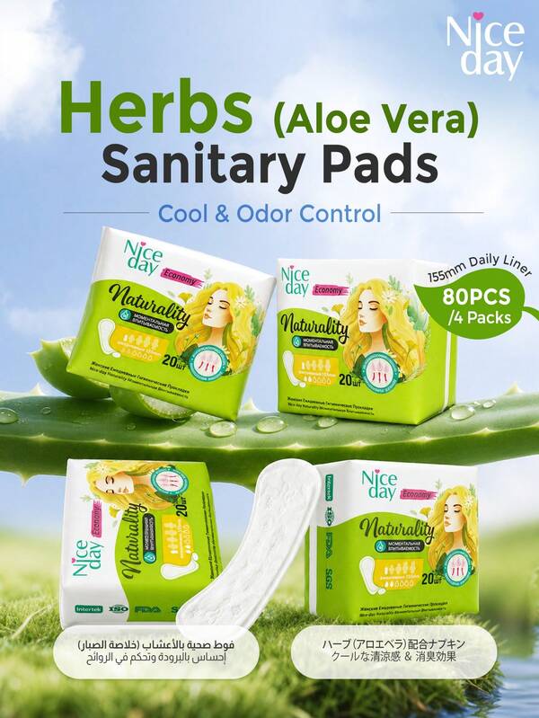Niceday 80 piezas/4 paquetes Toallas sanitarias de Aloe Vera, Forros de 155 mm con hierbas, Refrescantes y cómodos, Adecuados para uso en verano, Suaves y transpirables, No obstruyen, Toallas higiénicas ultra delgadas para el período, Enfriamiento de la zona íntima