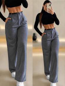 Women's White Polyester Short Straight-Leg Pants, Non-Stretch Opaque, Creating A Crisp Look - Grey - View 2
