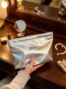 1 Pc Silver Solid Makeup Bag, Minimalist Shiny Fabric Rectangular Zipper Pouch, Portable Cosmetic Storage Bag For Travel Daily Use All Season,Wigs,Makeup Bags - Multicolor - View 6