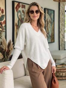 NiceArt Women's Fall-Winter Casual Solid Fake Two Pieces V Neck Ribbed Long Sleeve Irregular Hem Loose Pullover Sweaters Tops Daily Fall Outfit - White - View 3