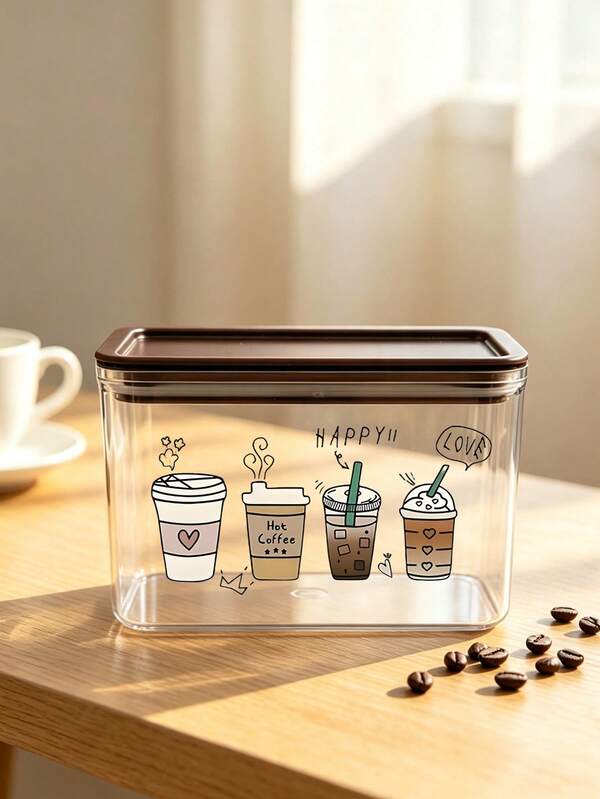 Four Cup Coffee Pattern Transparent Sealed Coffee Storage Jar, Sealed Plastic Food Jar, Large Capacity, Dustproof And Moisture-Proof, Kitchen Countertop Coffee Area Storage Box , Decoration, Kitchen Countertop Storage,Coffee Enthusiast Gifts