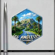 Los Angeles Hexagon Frame Open Road Palms And The Hollywod Hills Letters Magnet Where Every Mile Rolls Into A California Dream Keepsake For All Metal Surfaces Throughout The Home - A - View 2