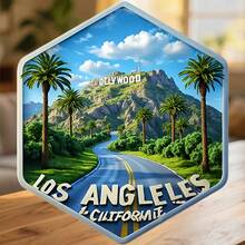Los Angeles Hexagon Frame Open Road Palms And The Hollywod Hills Letters Magnet Where Every Mile Rolls Into A California Dream Keepsake For All Metal Surfaces Throughout The Home - A - View 6