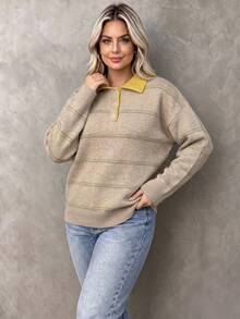 Plus Size Women's Casual Vintage Knit Polo Shirt, Button Design, Long Drop Shoulder Sleeves, Regular Length, Suitable For Daily Wear - Apricot - View 4