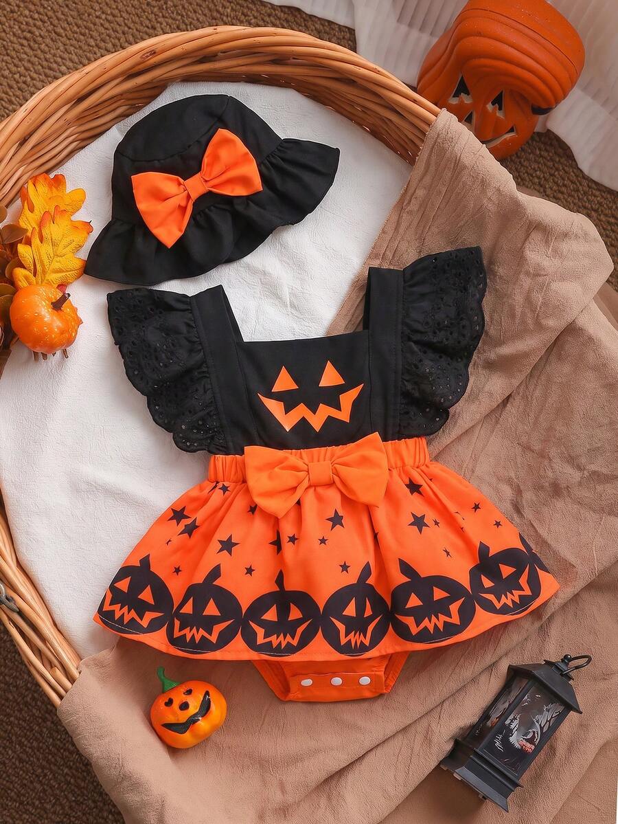 Infant Girls Halloween Outfit Set, Lace Trim Flutter Sleeve Pumpkin Ghost Face Star Print Bodysuit With Bow Decorated Hat, 2 Pieces Summer Set - Multicolor - View 1