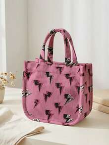 1 buah Tas Tote Corduroy Motif Kartun, Penutup Kancing Jepret, Tas Tangan Lucu, Tas Bekal Makan Siang yang Dapat Digunakan Kembali untuk Siswa, Sekolah, dan Belanja Sehari-hari di Luar Ruangan - Hot Pink - View 7