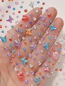 451pcs 3D Summer Rainbow Glitter Rhinestone Stickers, 2pcs Shiny Heart-Shaped Self-Adhesive Rhinestone Stickers, Heart Design Suitable For Makeup And Clothing, Multi-Color Diamond Face Decor For Festivals, Parties And Events - Multicolor - View 5