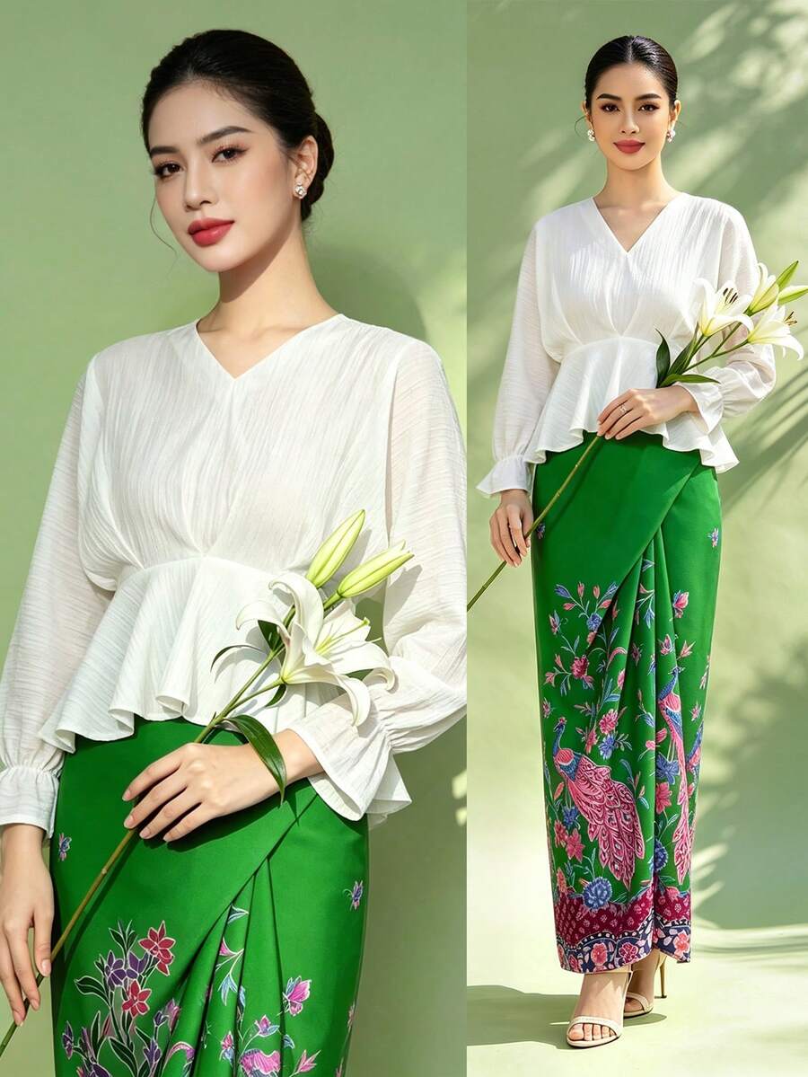 1pc Solid Color Ruffle/Flounce Trim Long Sleeve Blouse For Women - White - View 1
