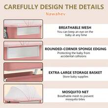 Nawahev 4-In-1 Baby Bassinet Bedside Sleeper, Adjustable 6 Height Levels, Lockable Wheels, Mosquito Net & Large Storage Basket For Infant - Pink - View 3