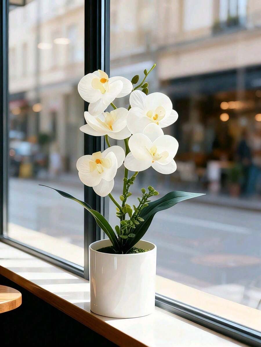 1pc Artificial Phalaenopsis Orchid Potted Plant - White - View 1