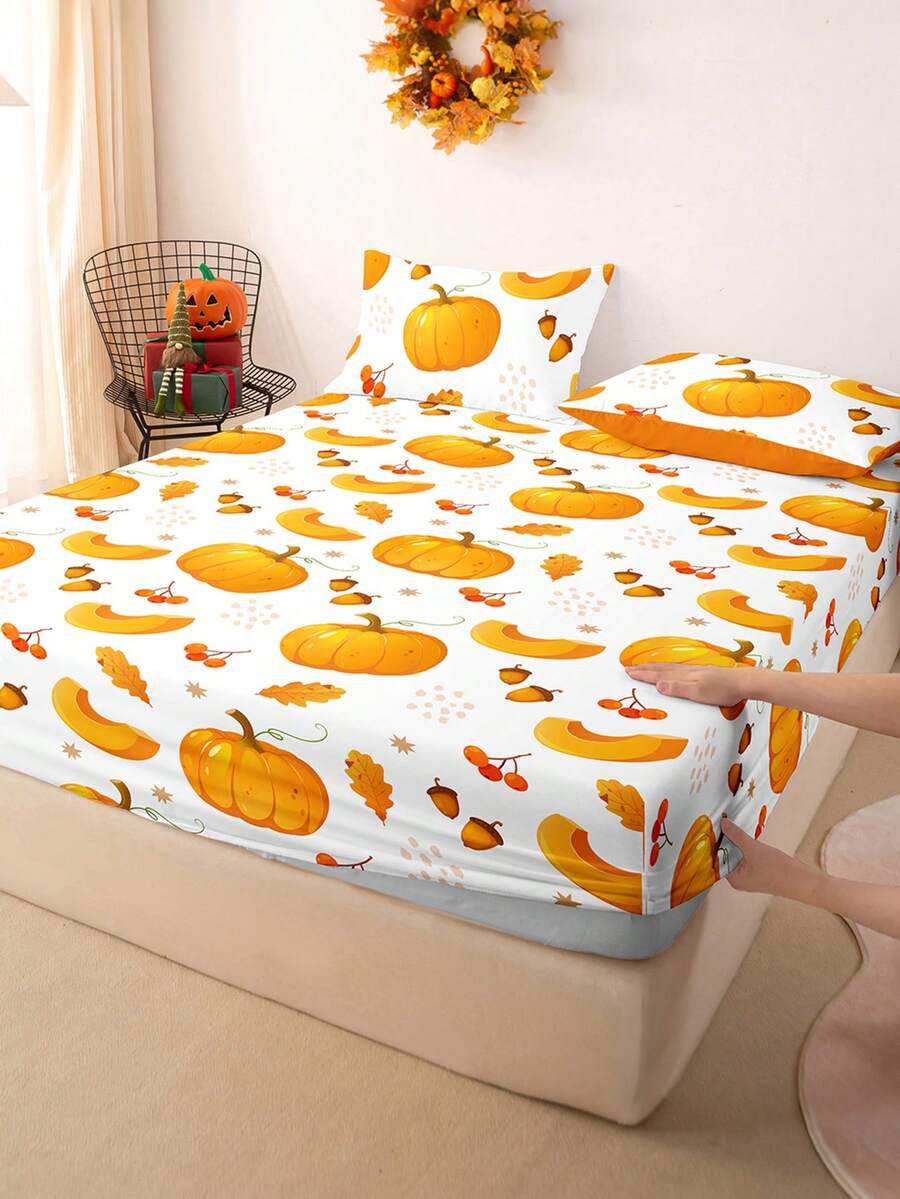 1pc Halloween & Thanksgiving Leaf Pumpkin Print Fitted Sheet, Quiet & Non-Slip, Machine Washable, Durable & Easy Care, All-Season Use, Fits All Bed Sizes, Home, Dorm, Apartment, Guest Room, Rental, Bedroom Decor & Holiday Gift