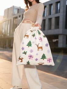 Kantong Serut Natal Vintage, Motif Pohon Natal, Rusa Kutub, dan Kado, Tas Penyimpanan Kecil yang Dapat Digunakan Kembali, Cocok untuk Permen Pesta Natal, Perhiasan, Kosmetik, dan Kemasan Kado. - beraneka warna - View 1