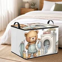 1pc Cute Cartoon Bear Laundry-Themed Fabric Storage Box With Zipper And Double Handles, Foldable Wardrobe Organizer Box For Storing Clothes, Bedroom Shelf Storage - Multicolor - View 3