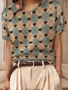 ADFHP Women's Summer Lightweight Breathable Short Sleeve Knit Top, Vintage Collegiate Style Argyle Heart Print, Loose Drop Shoulder Drapey Versatile Blouse - Multicolor - View 13