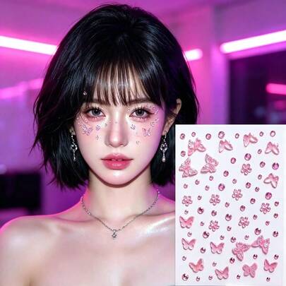 1pc Sexy Street Style Shiny Butterfly & Flower Rhinestone Eye Decor Sticker, Sparkling 3D Rhinestone Face Sticker, All Season Wear, ABS Resin, Suitable For Music Festival Makeup, Cosplay Costume Prop, Party Costume Prop, Photo Prop, Daily Makeup Accessory